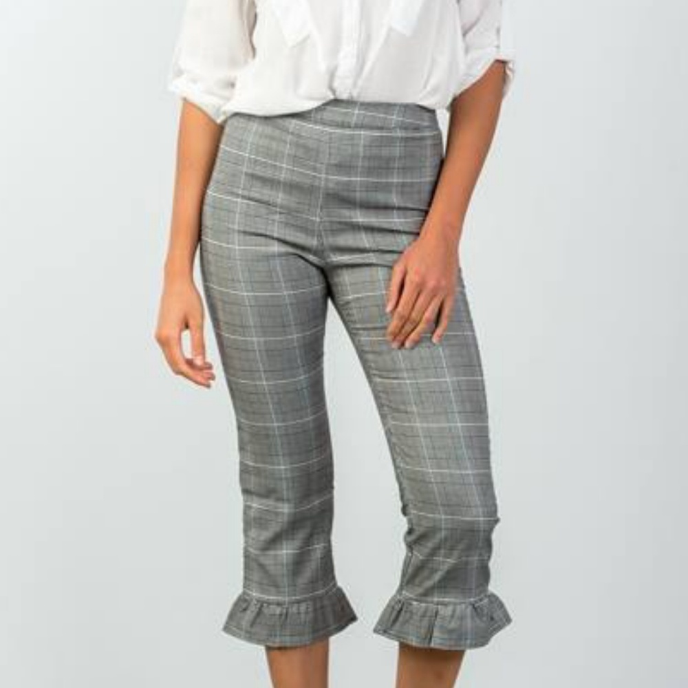 HEATHER PLAID HIGH WAIST RUFFLE CROP PANTS - Picture 2 of 6